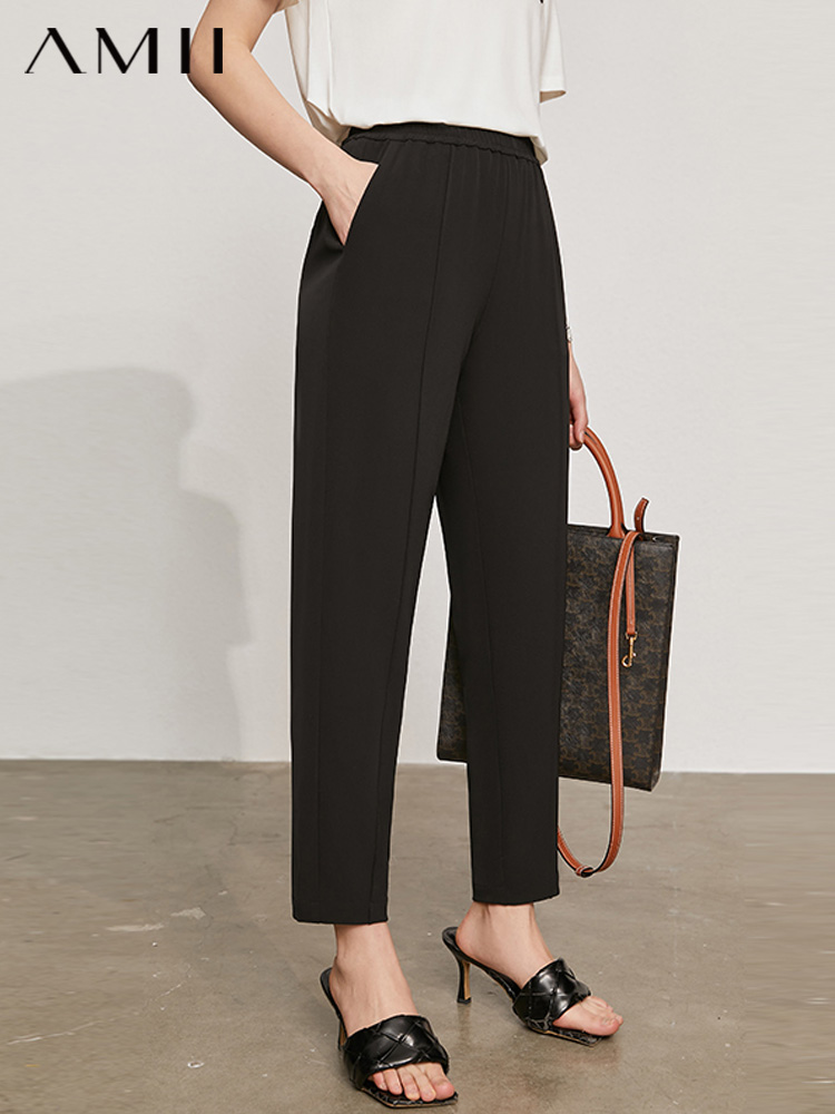 Amii Minimalism Summer Women's Pants Causal Solid Elastic Waist Straight Female Trouser Offical Lady Women's Suit Pants 12130229