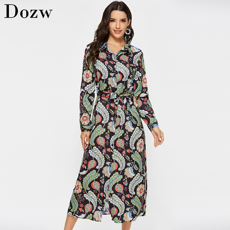 Women Long Shirt Dress 2019 Casual Long Sleeve Floral Print Vintage Sashes Button Dress Ladies Elegant Office Dresses Robe Femme