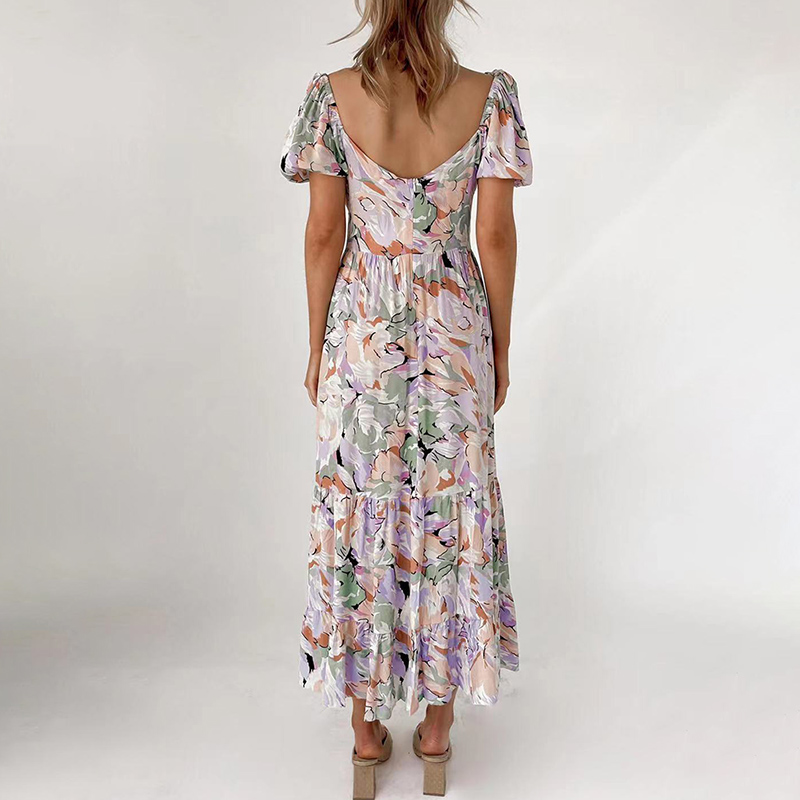 Women Fashion Floral Printed Midi Dresses Chic Slash Neck Short Sleeve A Line Dress Female Casual Party Dress Vestidos