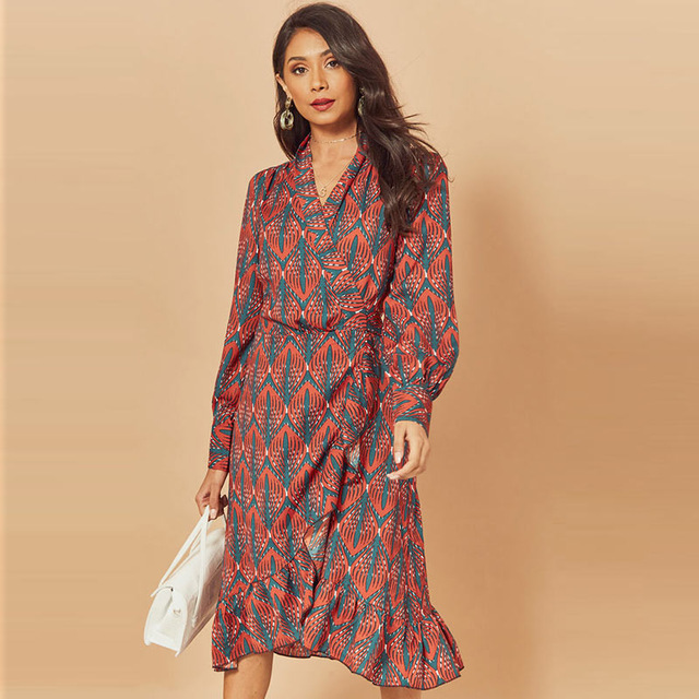 2020 New Women Print Ruffle Dress Spring Autumn Lantern Long Sleeve V Neck Midi Dresses Causal Sashes Ladies Irregular Hem Dress