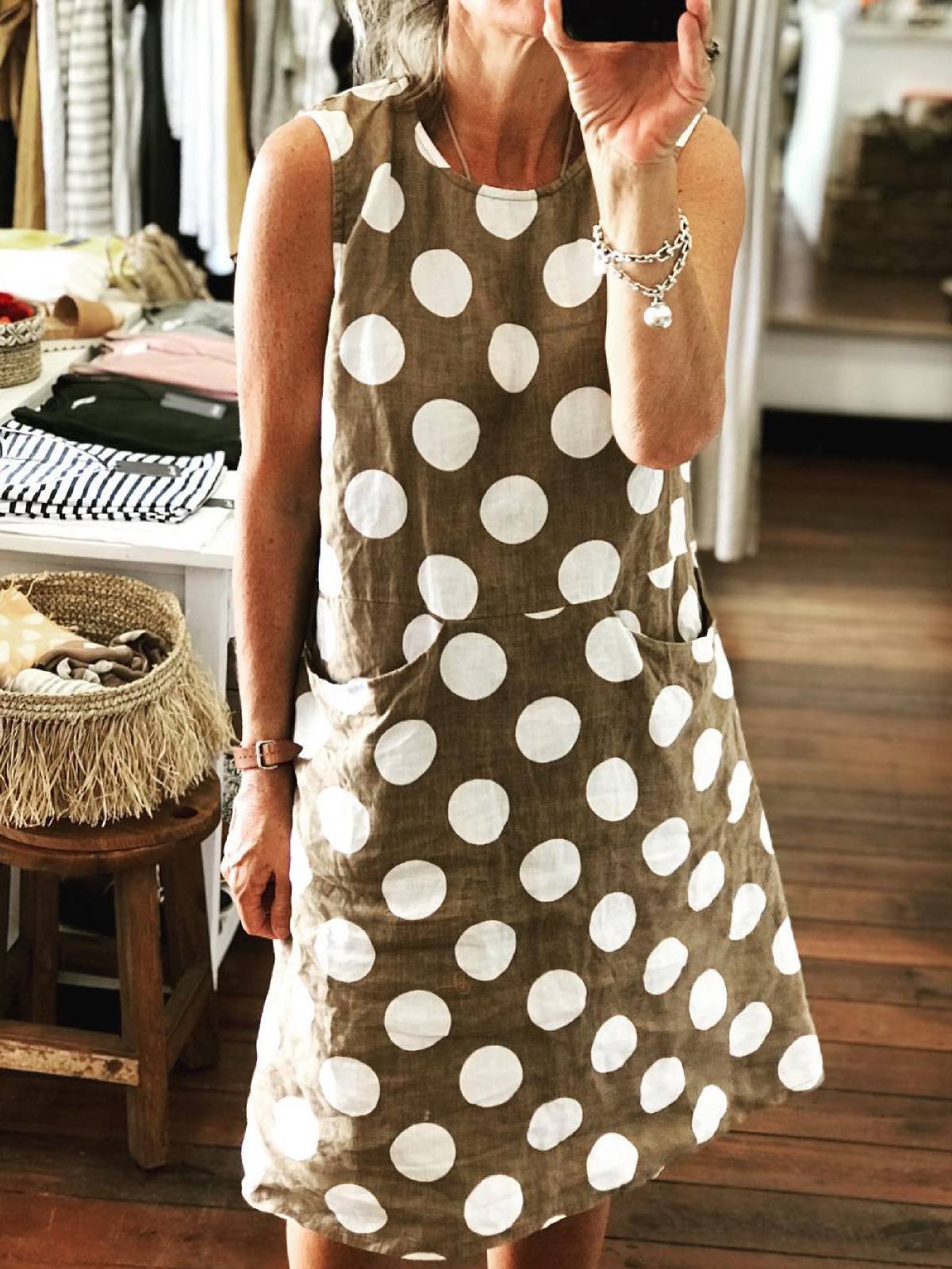 Apricot Sleeveless Cotton-Blend Crew Neck Dresses