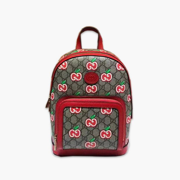 【原版皮】古驰/Gucci 苹果双肩背包，融入了卡通风格的苹果图案，与品牌的双G字母交织图案巧妙搭配，这款背包采用拉链前袋，背面为科技网布材质，款号：601296