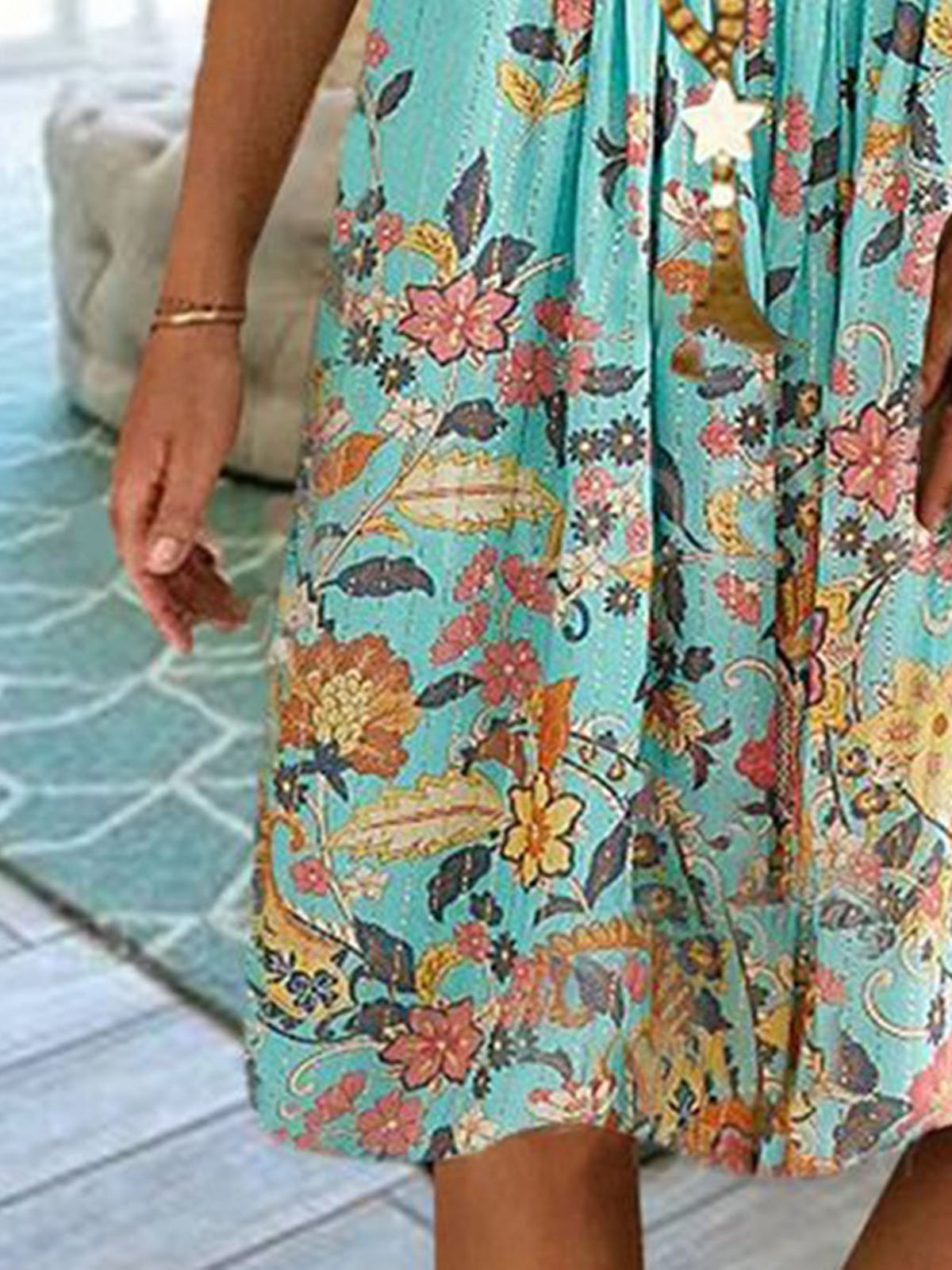 Green Short Sleeve Floral Dresses