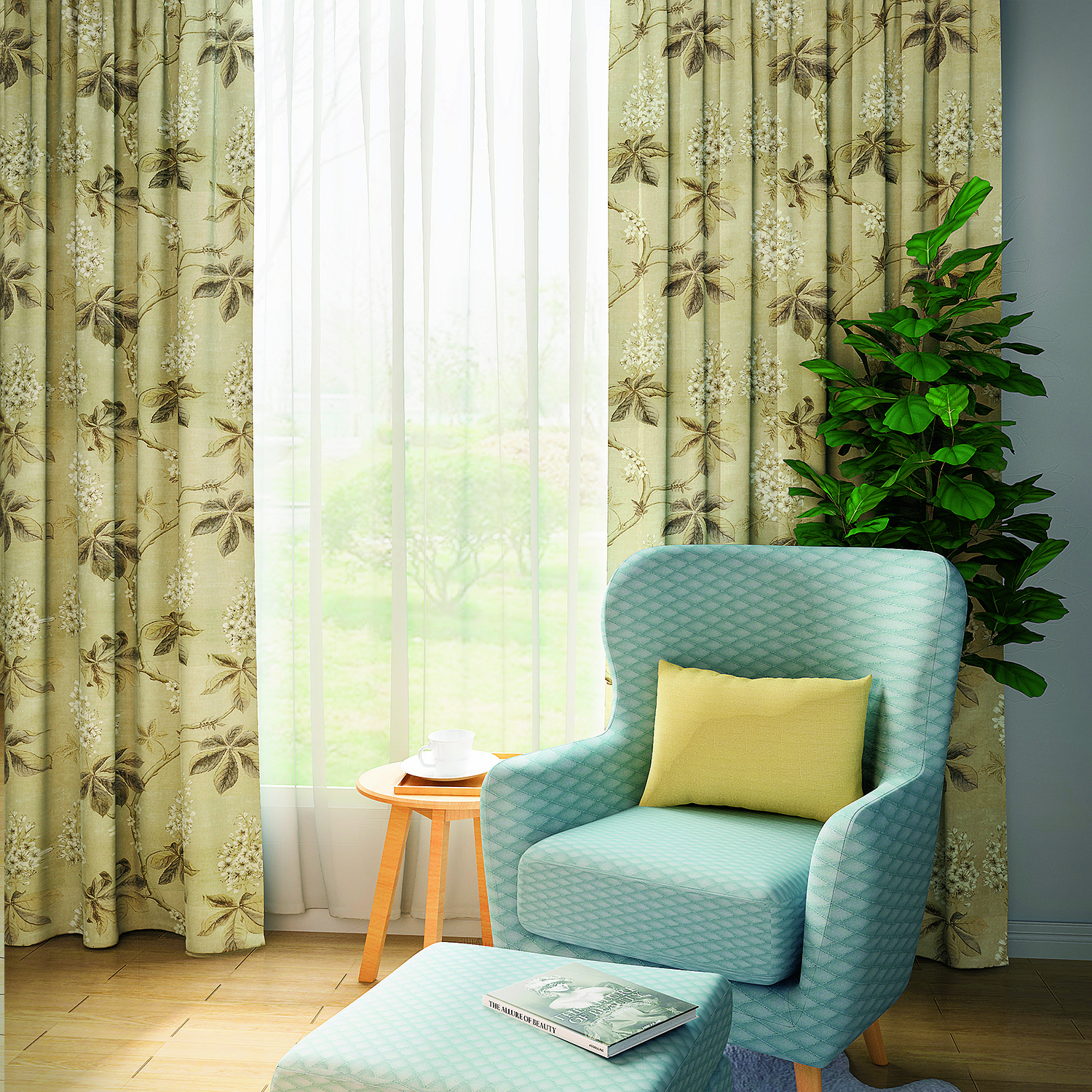 Floral Botanical Print Cotton Print Pinch Pleated Blackout Lining Darpe Panel BQ66276