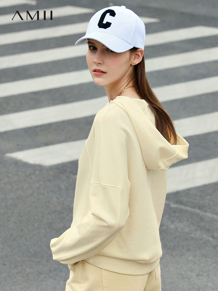 多了个划线价Amii Minimalism Sweatshirt Women Spring Hooded Clothes Solid Loose Hoodies 100% Cotton Casual Pullover Female Tops 12240199